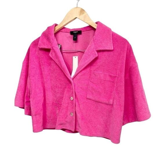 Aqua Swim‎ Size Small Shirt Collared Pocket Terrycloth Crop Top Pink NEW - Picture 2 of 8